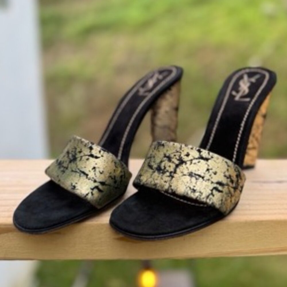 YSL Gold & Black Mules – Size 39 (Pre-Owned)